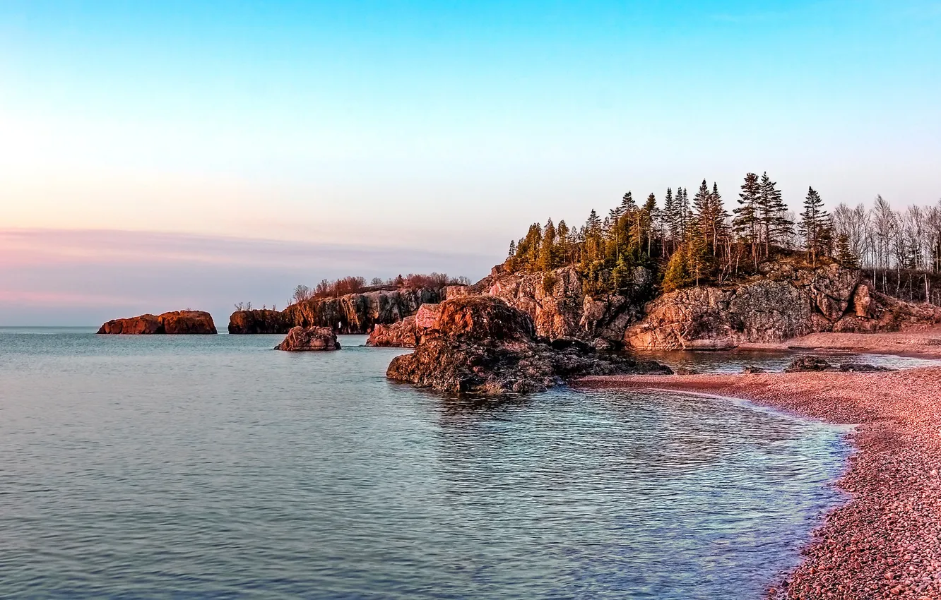 Photo wallpaper the sky, trees, lake, rocks, dawn