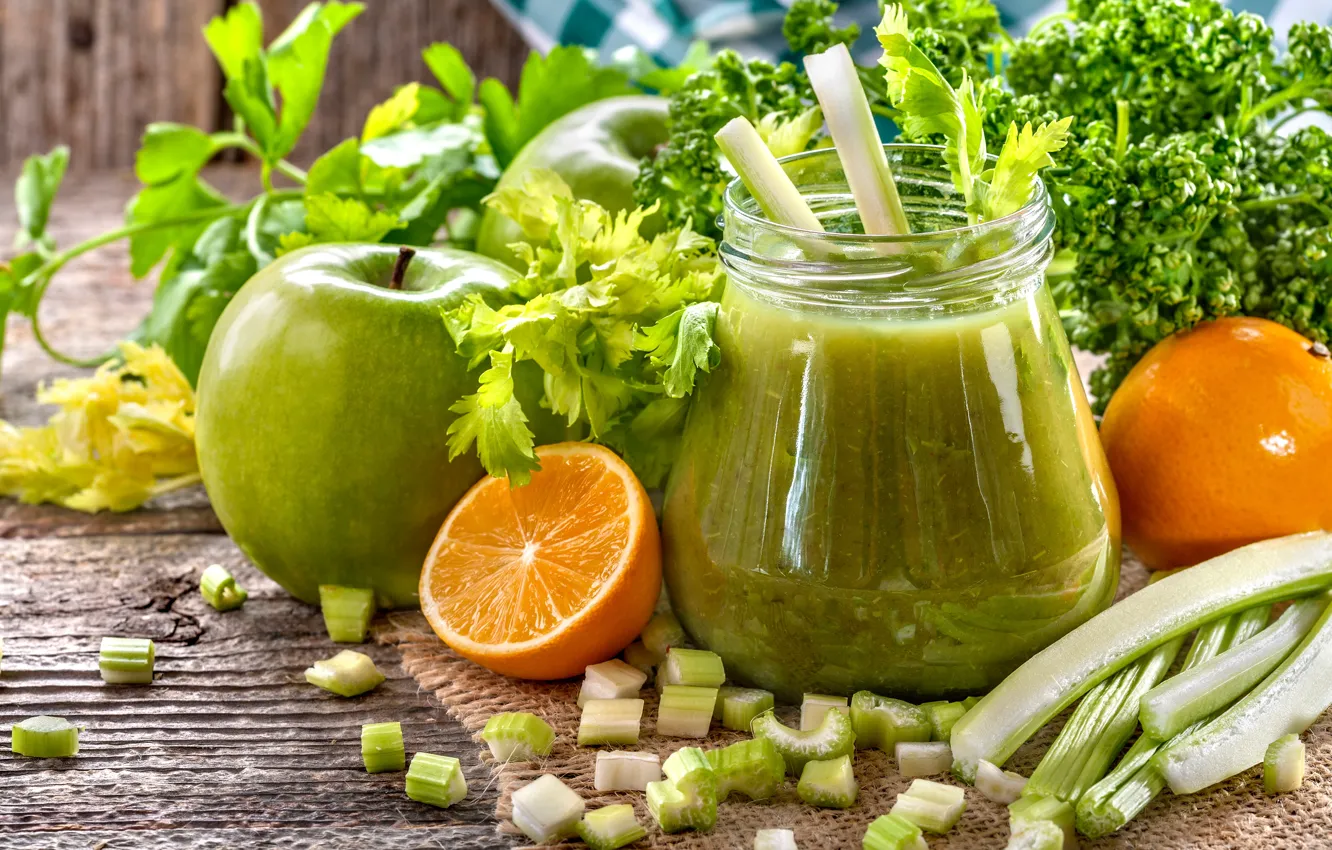 Photo wallpaper greens, apples, orange, juice, Bank, bokeh