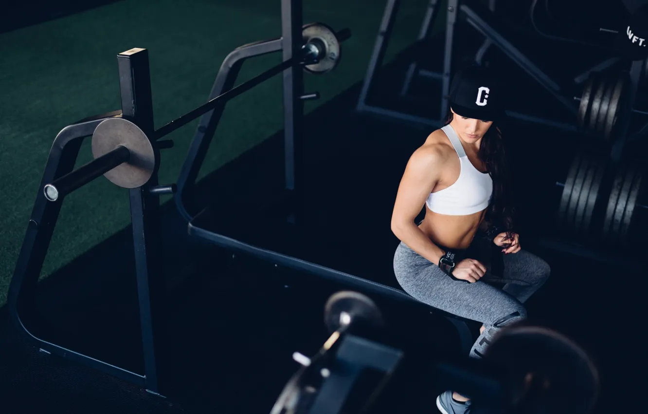 Photo wallpaper brunette, pose, gym