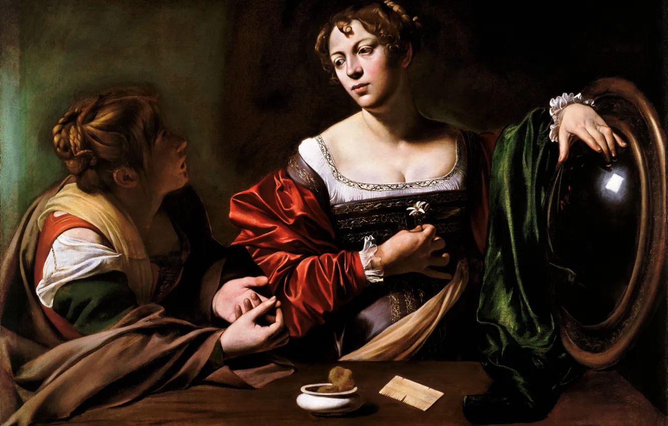Photo wallpaper girl, picture, Caravaggio, mythology, Italian painter, Michelangelo Merisi da Caravaggio, Martha and Mary Magdalene, Caravaggio