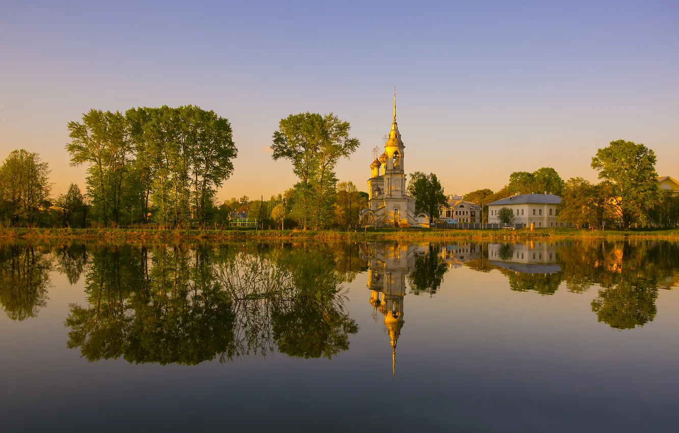 Photo wallpaper lake, reflection, pond, dome, church
