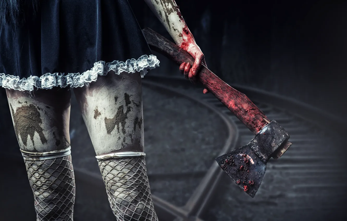 Photo wallpaper girl, Gothic, blood, dress, axe, legs, the fishnets, with an axe