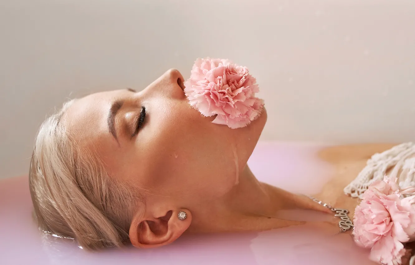 Photo wallpaper water, girl, flowers, face, in the bath, closed eyes, clove, Dmitry Lobanov