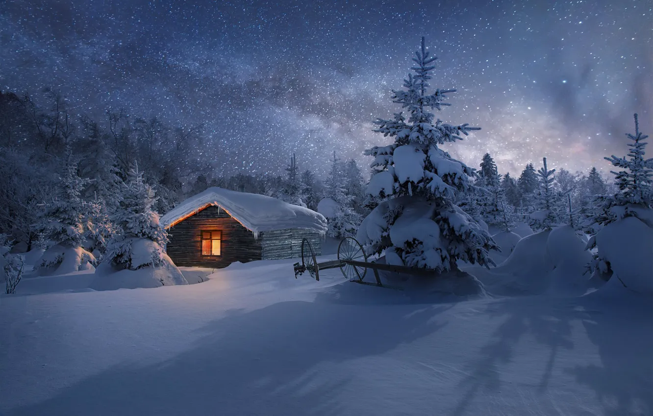 Photo wallpaper winter, forest, stars, light, snow, night, house, view