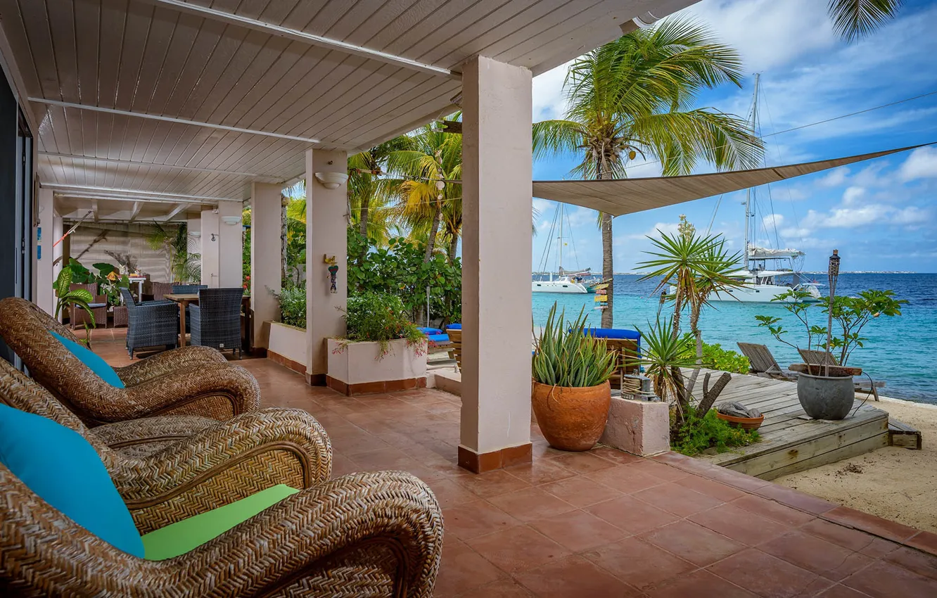 Photo wallpaper beach, palm trees, Villa, yachts, terrace, on the ocean, Kralendijk, Caribbean Holland