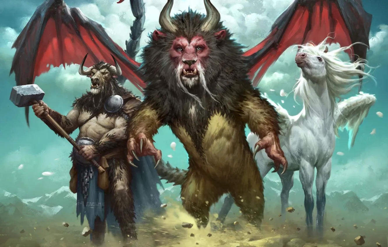 Photo wallpaper Monsters, Stones, Wings, Horns, Mutants, Chimera, Three, Rocks