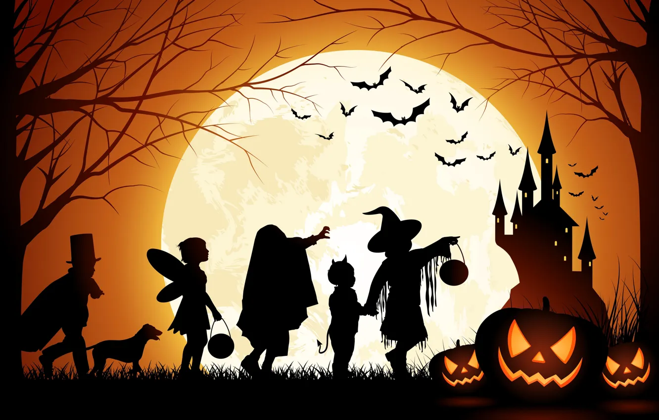 Photo wallpaper Halloween, Moon, Pumpkin, Castle, Men And Dog, Bats, Trees
