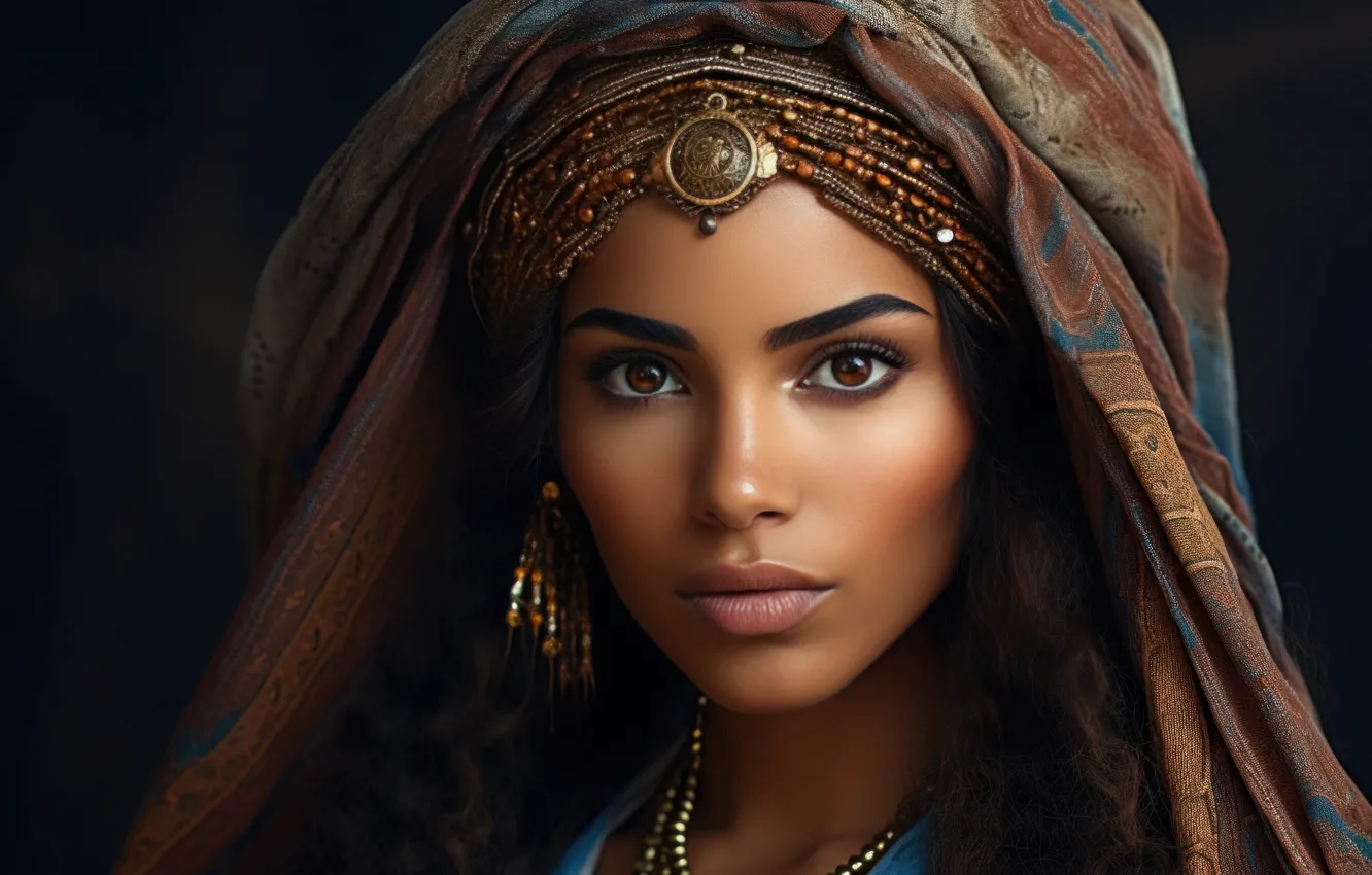 Photo wallpaper look, girl, face, the dark background, portrait, makeup, outfit, dark