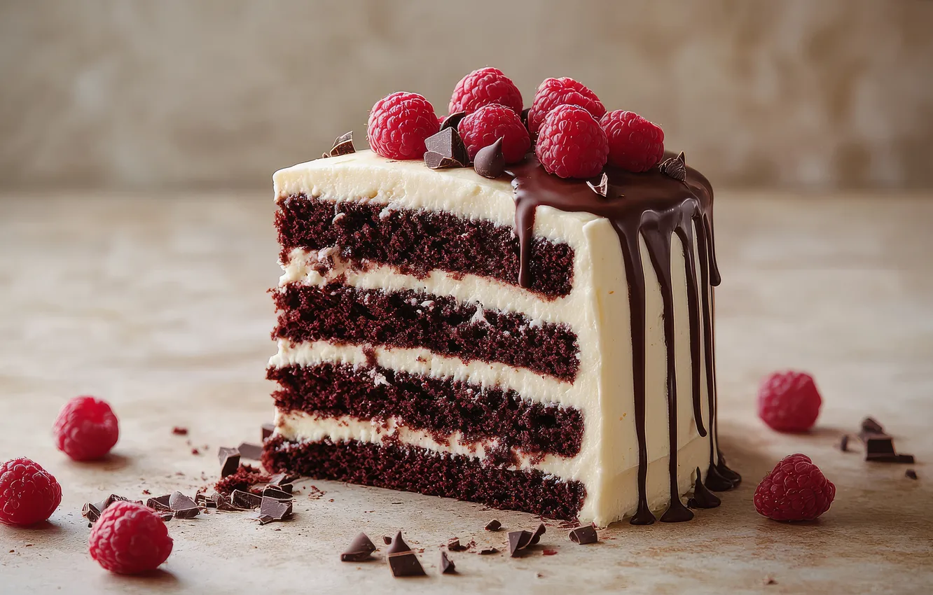 Photo wallpaper berries, raspberry, chocolate, cake, cake, layers, dessert, chocolate