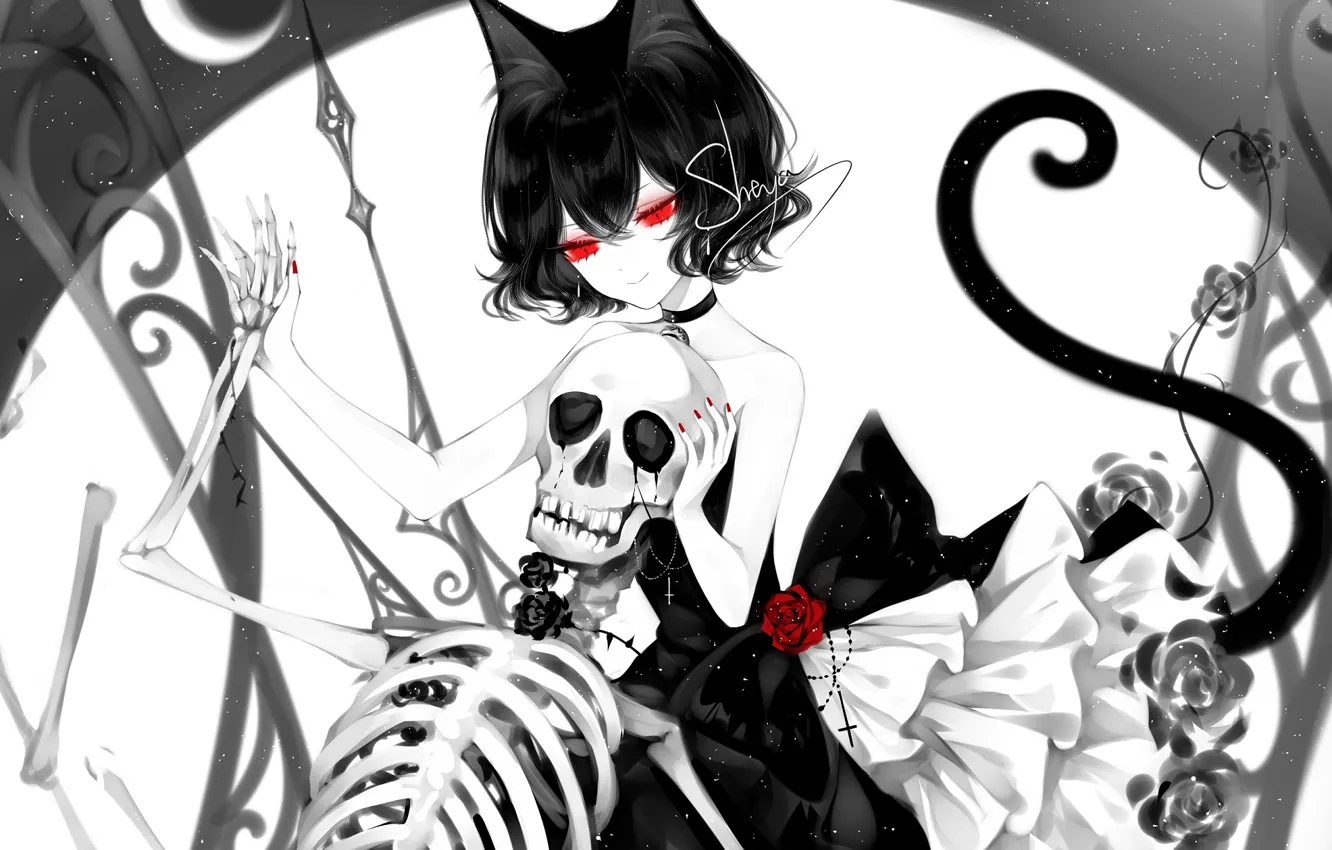 Photo wallpaper cat, girl, skeleton, kitty
