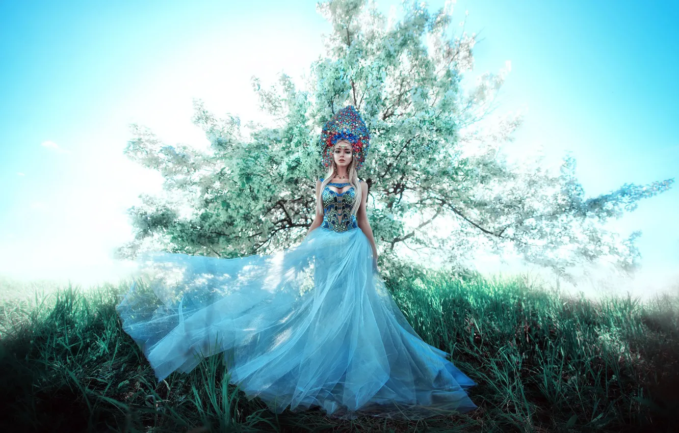 Photo wallpaper girl, trees, style, dress, kokoshnik, Maria Lipina, Katya Chernyshova