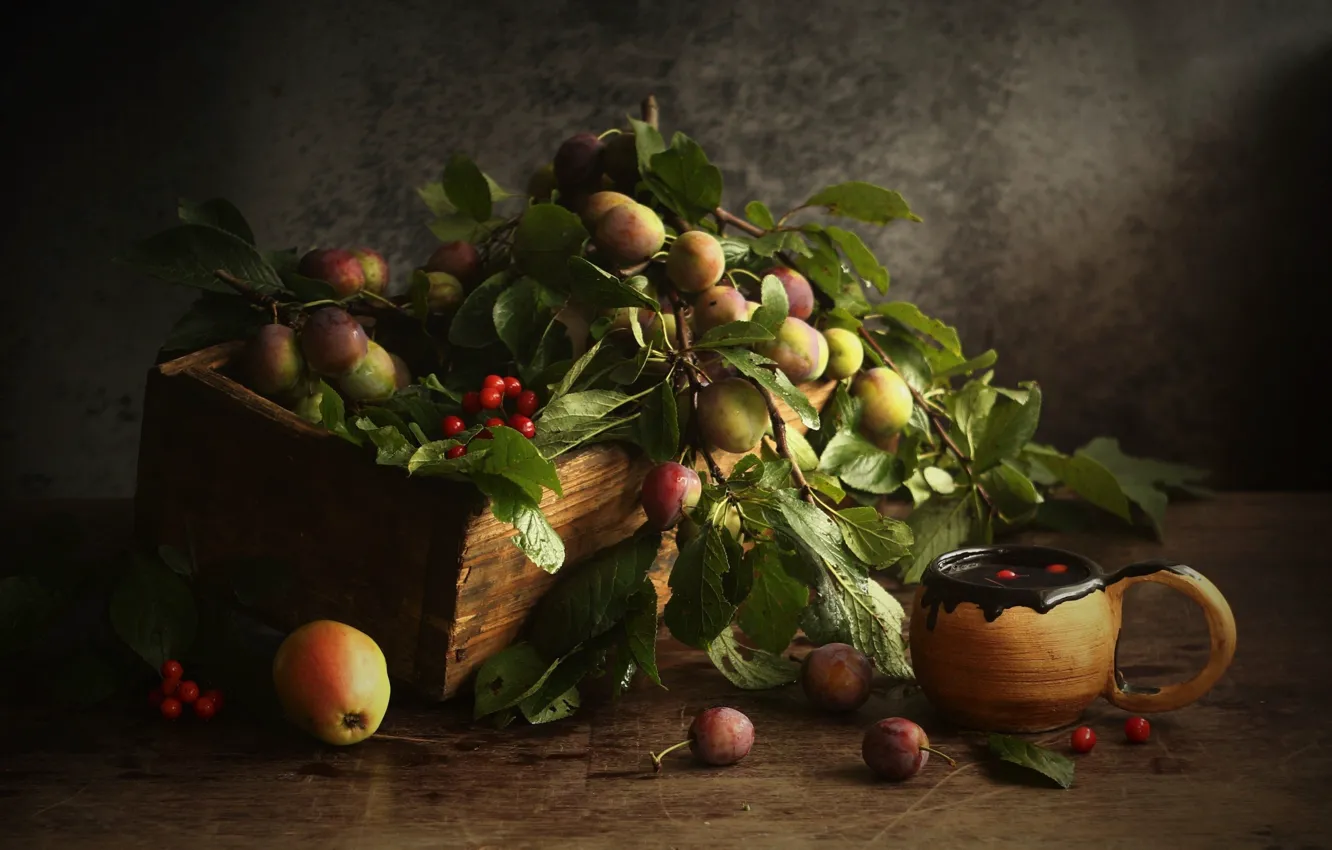 Photo wallpaper table, still life, plum, cocoa