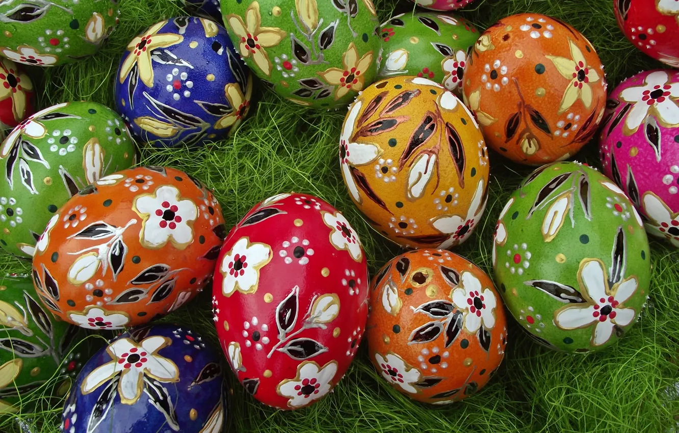 Photo wallpaper grass, flowers, holiday, patterns, glade, eggs, spring, Easter