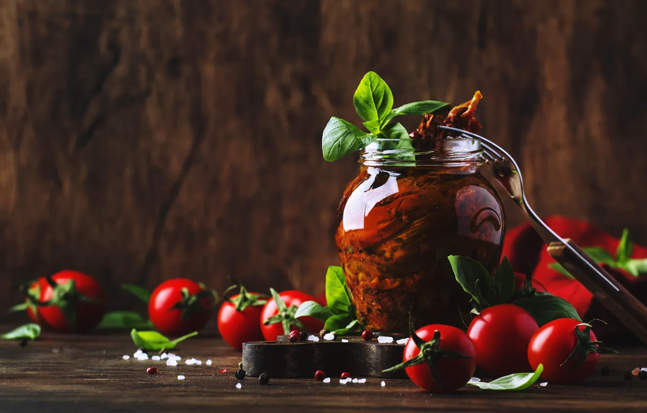 Photo wallpaper glass, Board, Bank, pepper, plug, tomatoes, spices, Sample