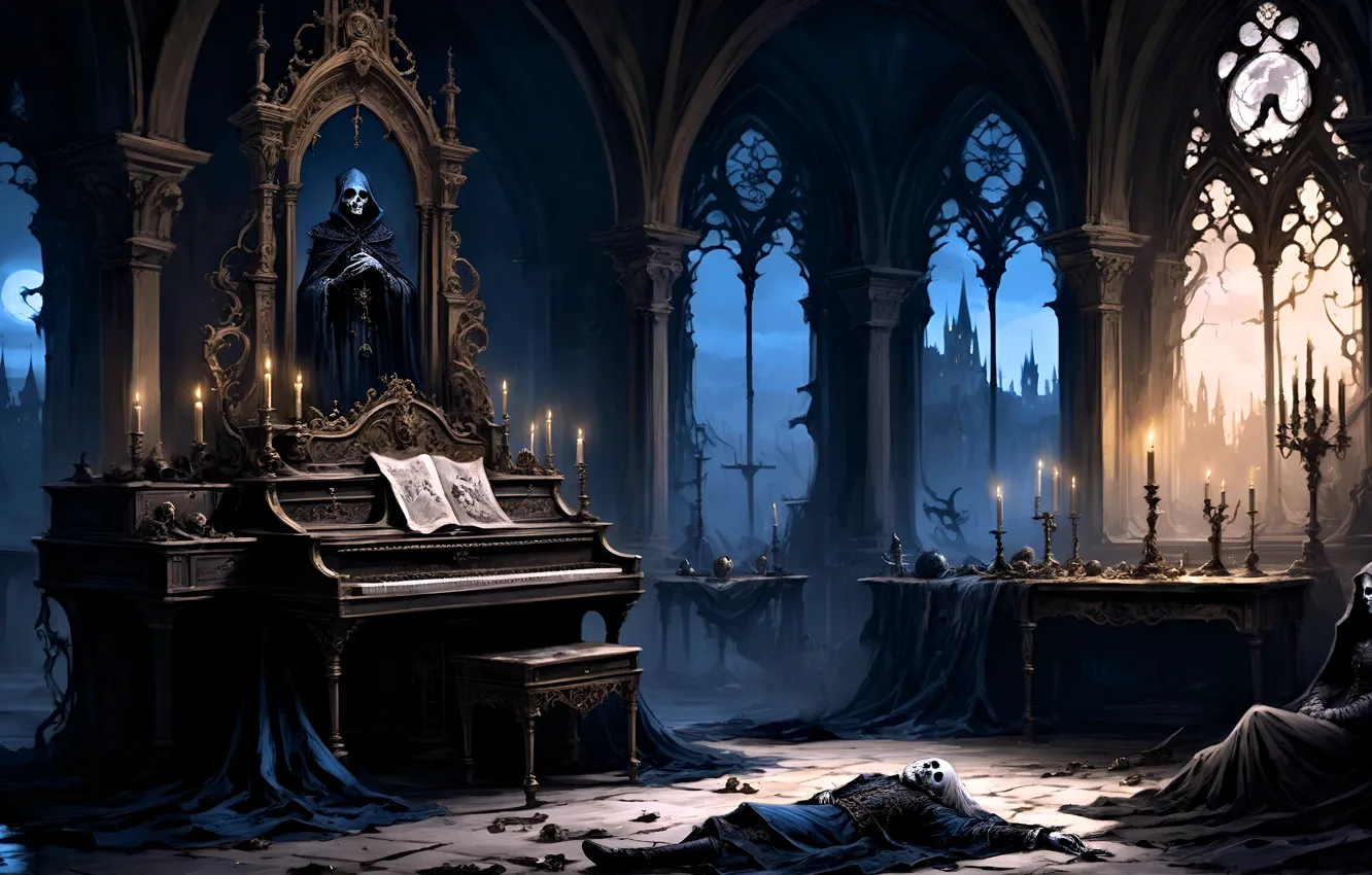 Photo wallpaper skeleton, piano, the crypt, the throne, mummy, rags, damn place, Sawan