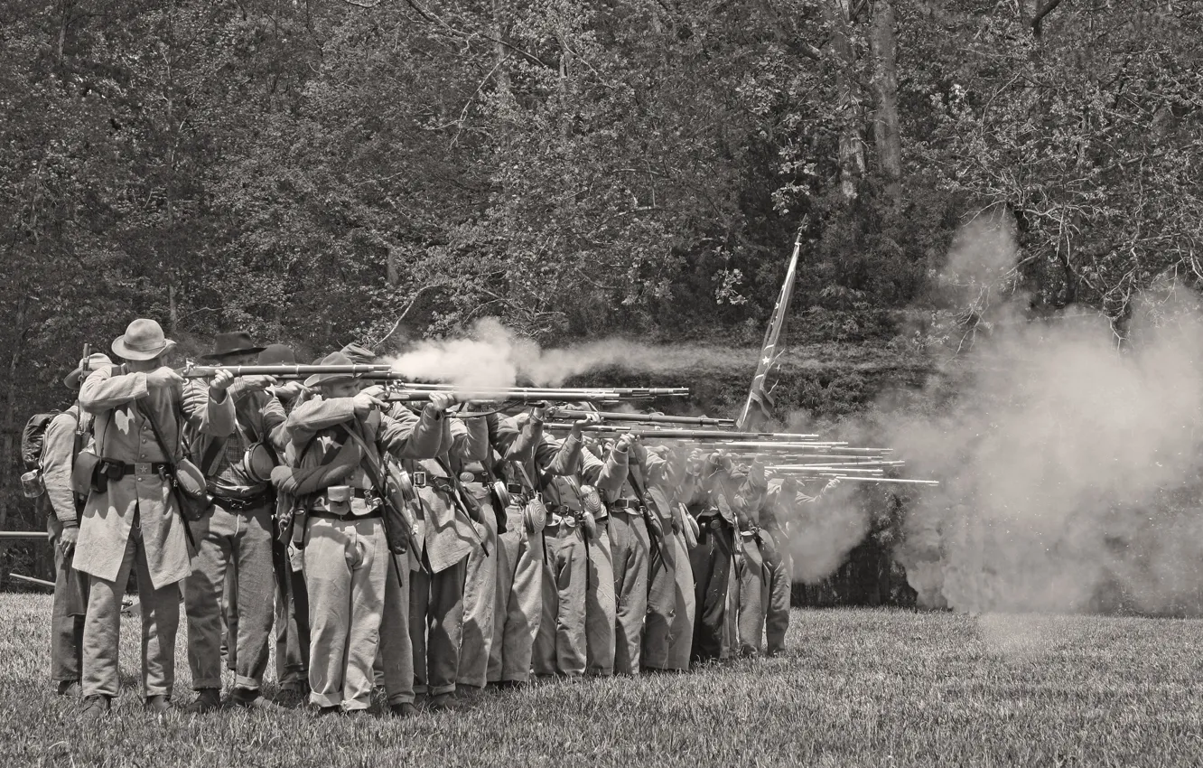 Photo wallpaper smoke, soldiers, volley, Stroy