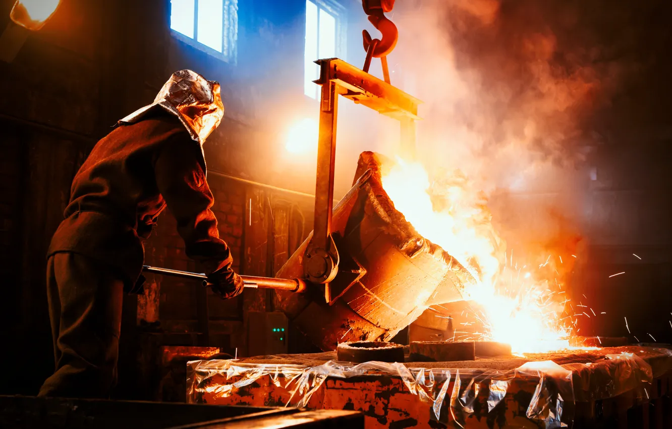 Photo wallpaper worker, metal in liquid, smelter