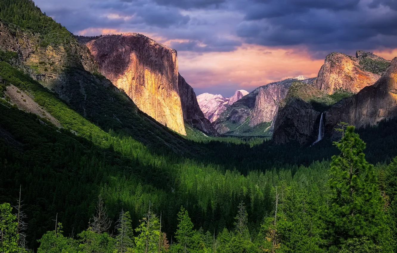 Photo wallpaper sunset, Day, Yosemite National Park, cloudy