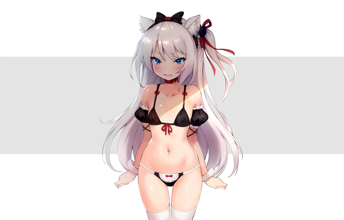 Photo wallpaper girl, sexy, lingerie, bra, panties, thighhighs, long hair, boobs