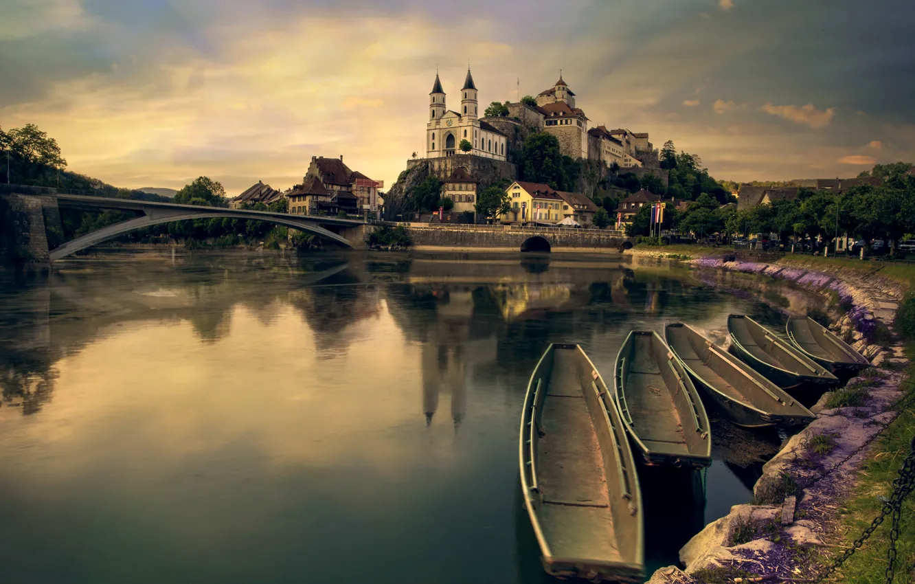 Photo wallpaper the sky, clouds, bridge, the city, lake, reflection, castle, shore
