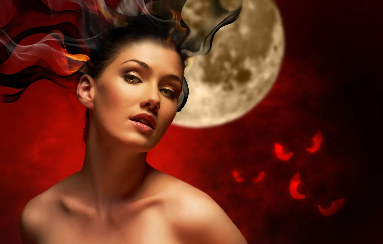 Photo wallpaper fire, the moon, witch
