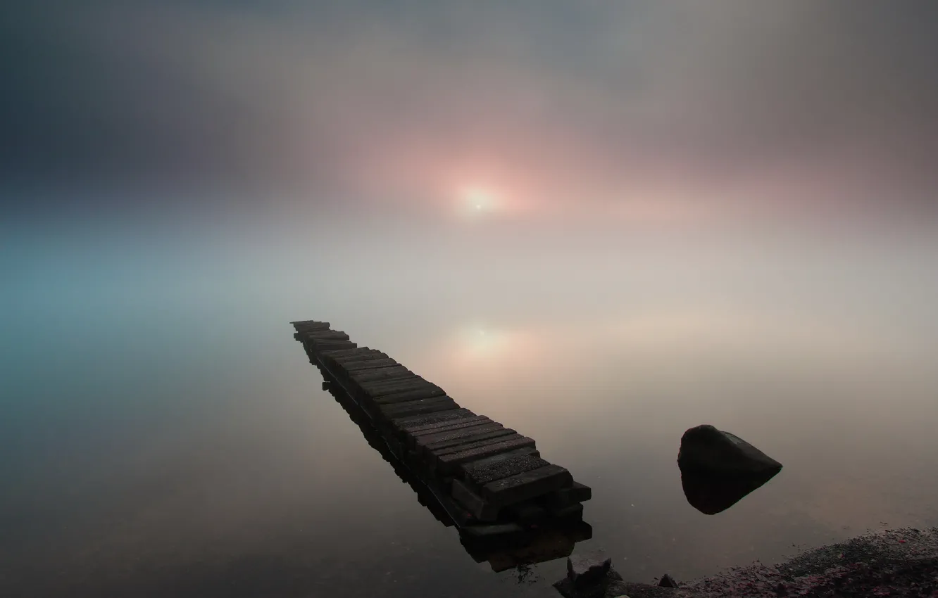 Photo wallpaper bridge, fog, shore