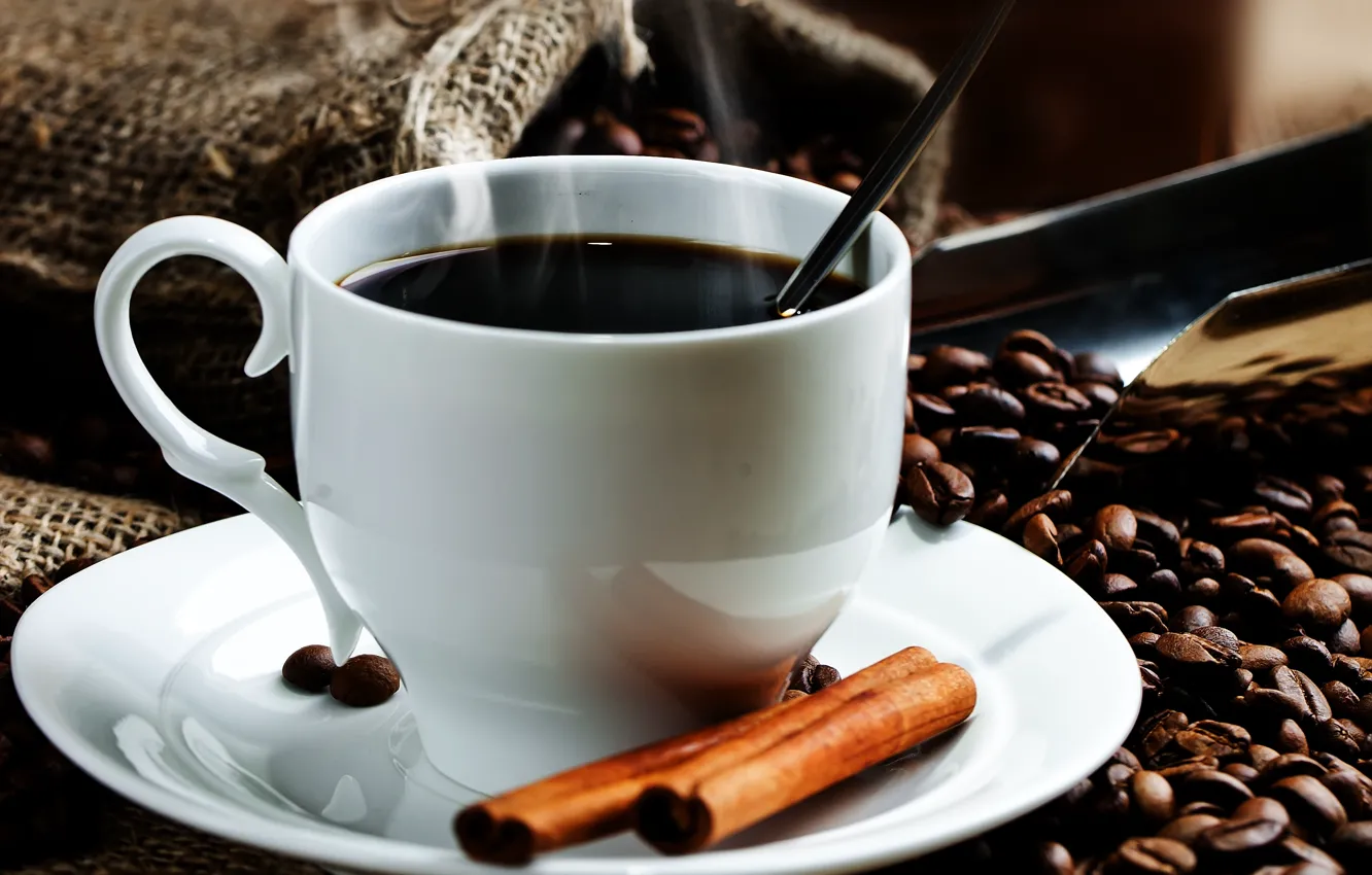 Photo wallpaper coffee, Cup, cinnamon, bag, coffee beans, saucer