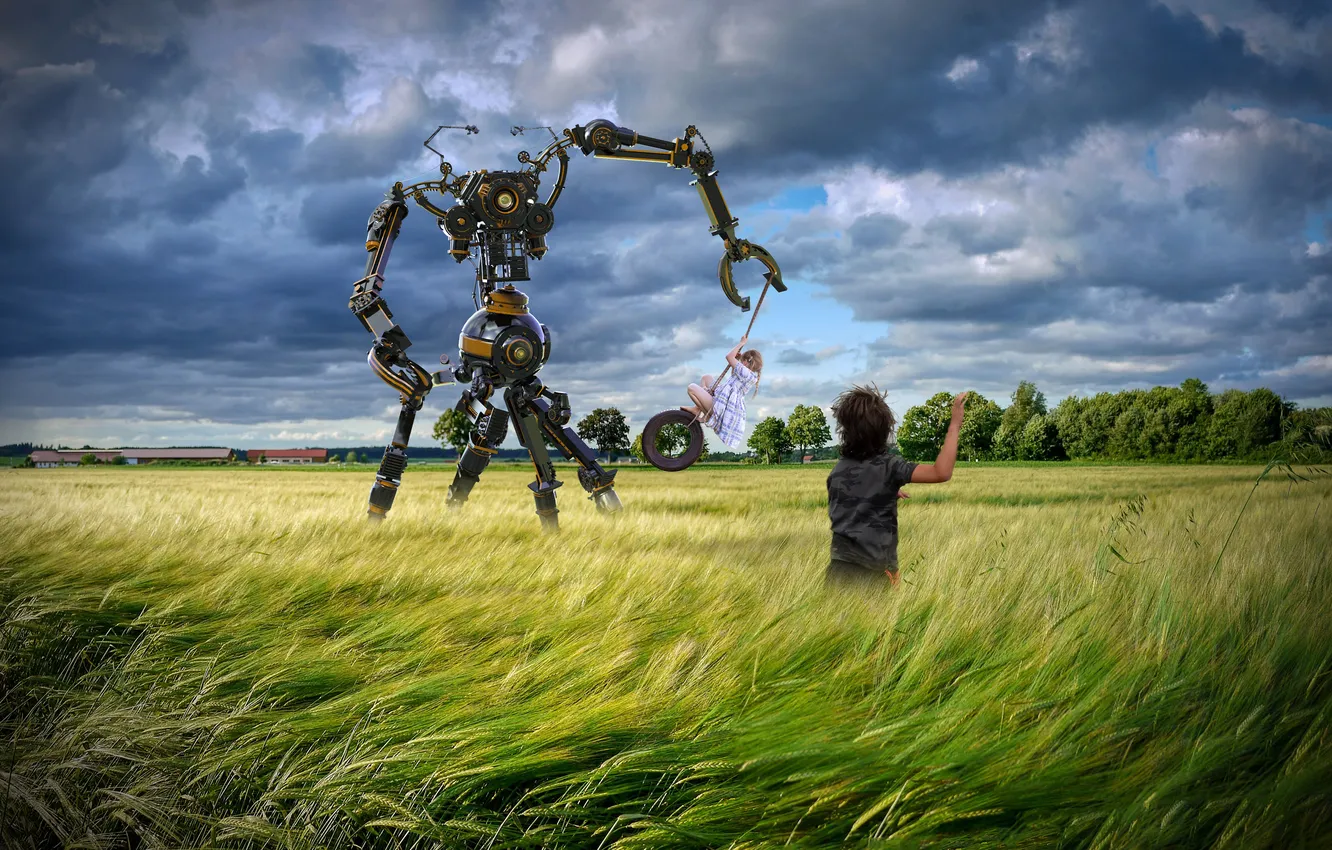 Photo wallpaper field, summer, grass, clouds, children, swing, the game, robot
