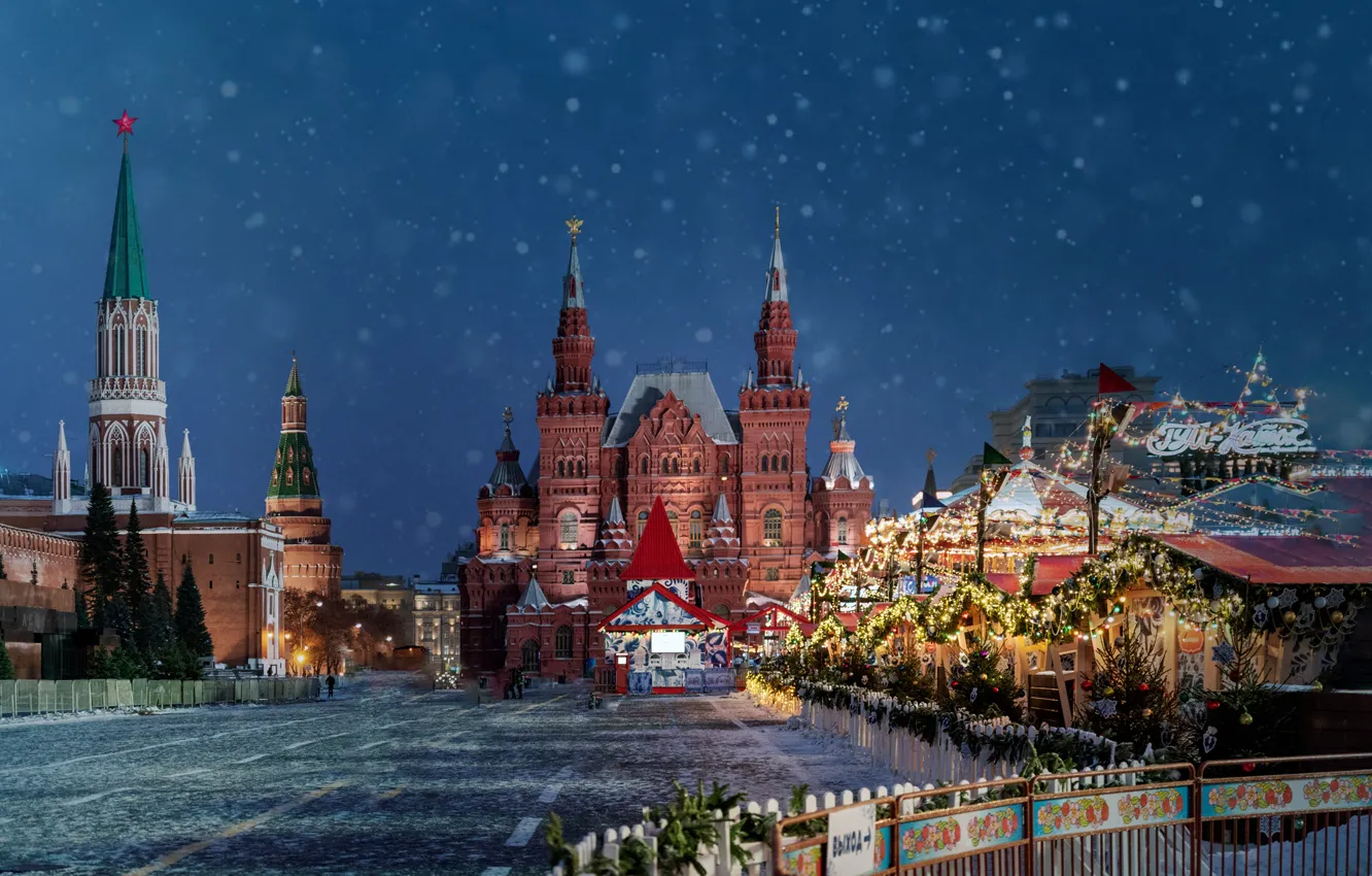 Wallpaper winter, snow, night, the city, Moscow, tower, Red square ...