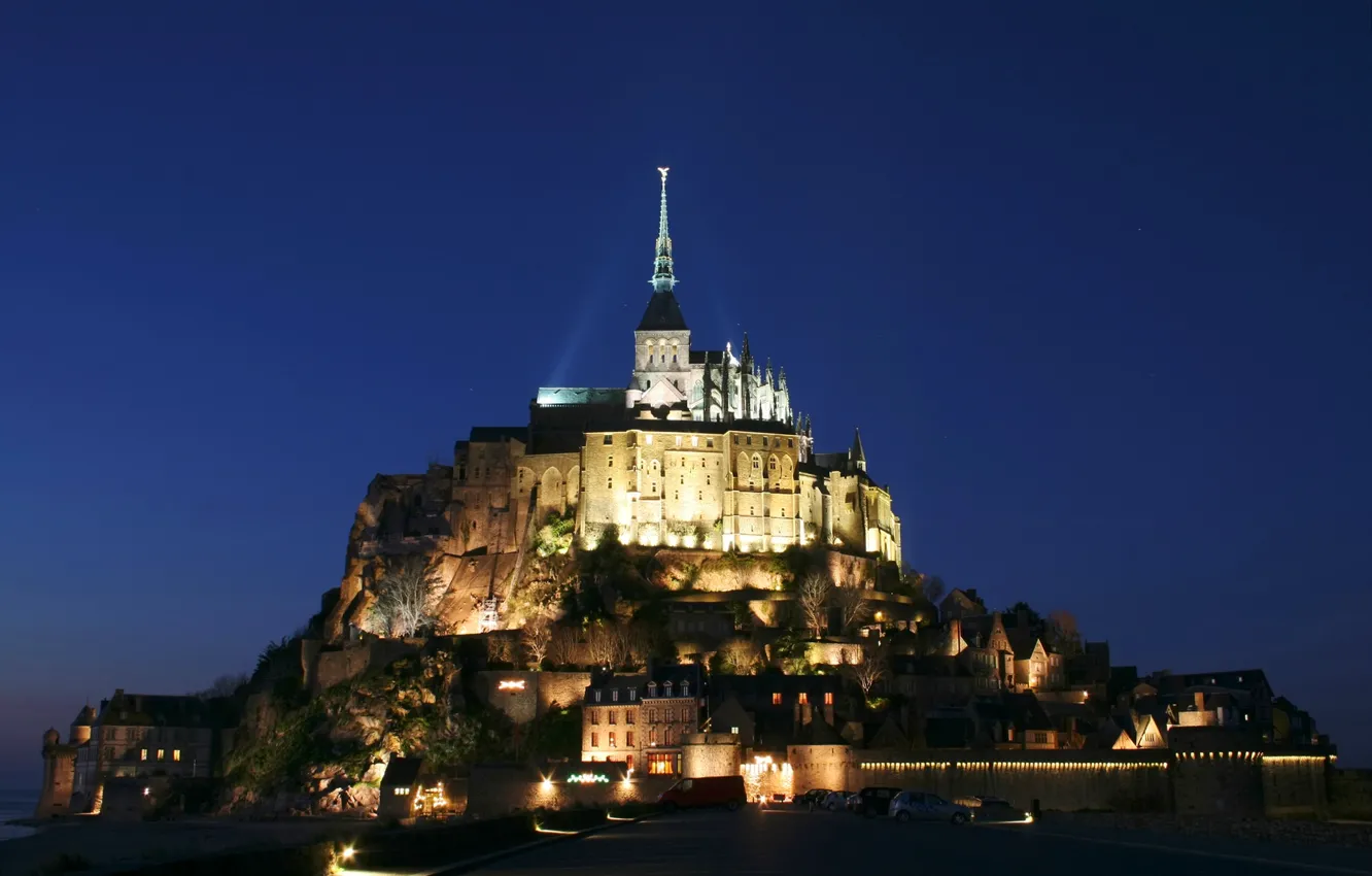 Photo wallpaper the sky, night, lights, castle, France, island, Normandy, Mont-Saint-Michel