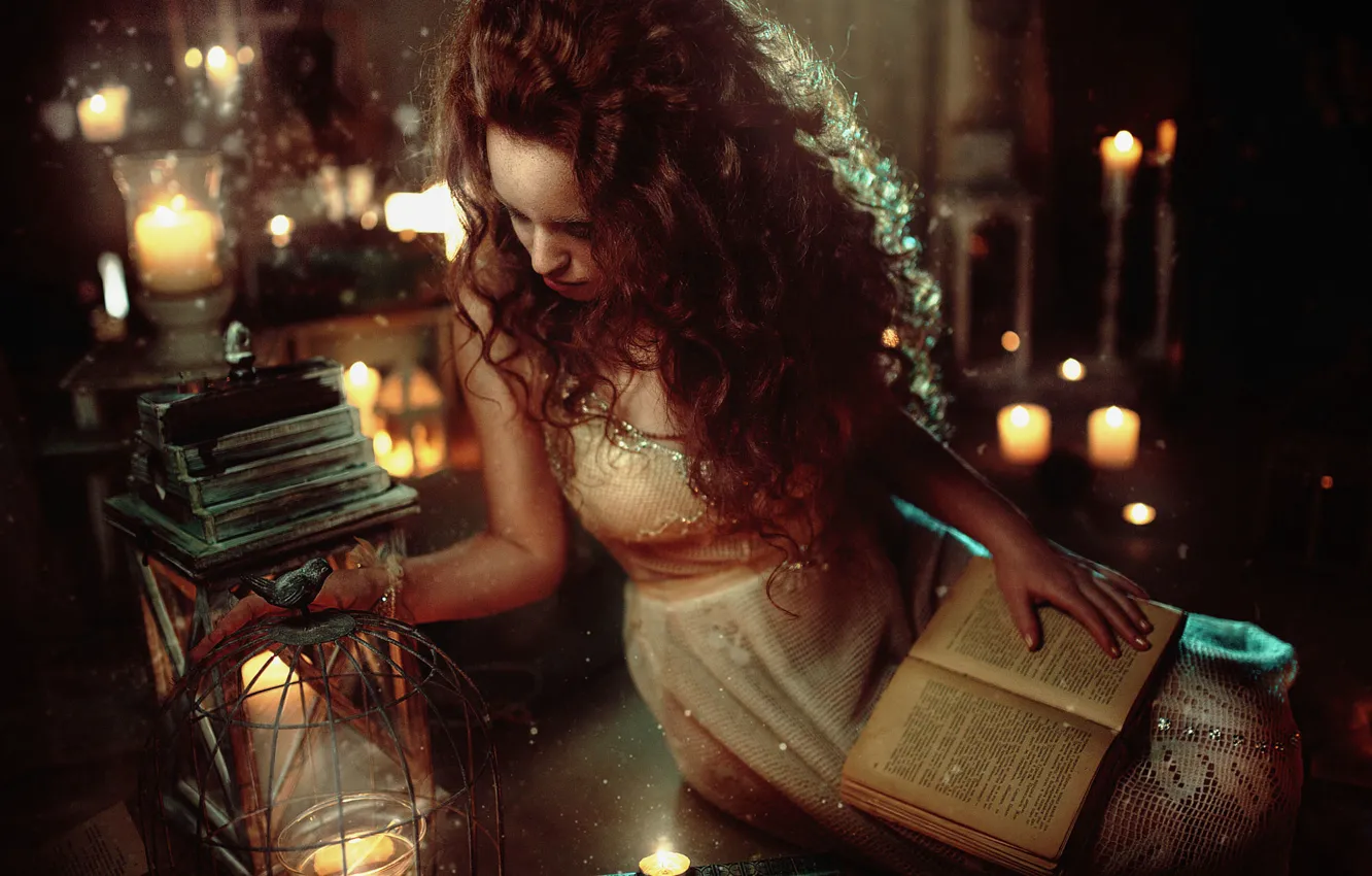 Photo wallpaper girl, lights, mood, hair, tale, candles, lantern, book