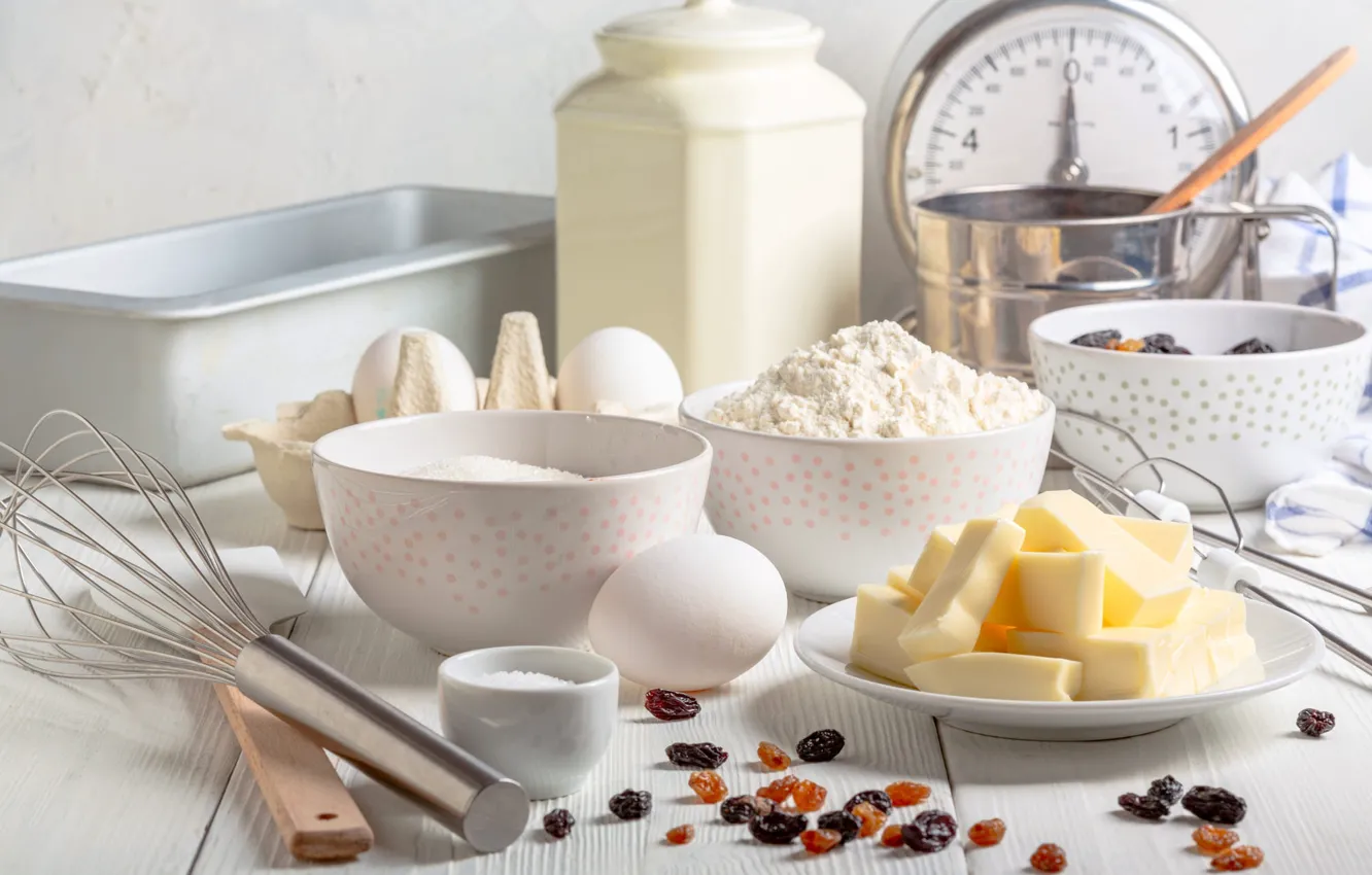 Photo wallpaper table, Board, eggs, plate, kitchen, dishes, sugar, bowl