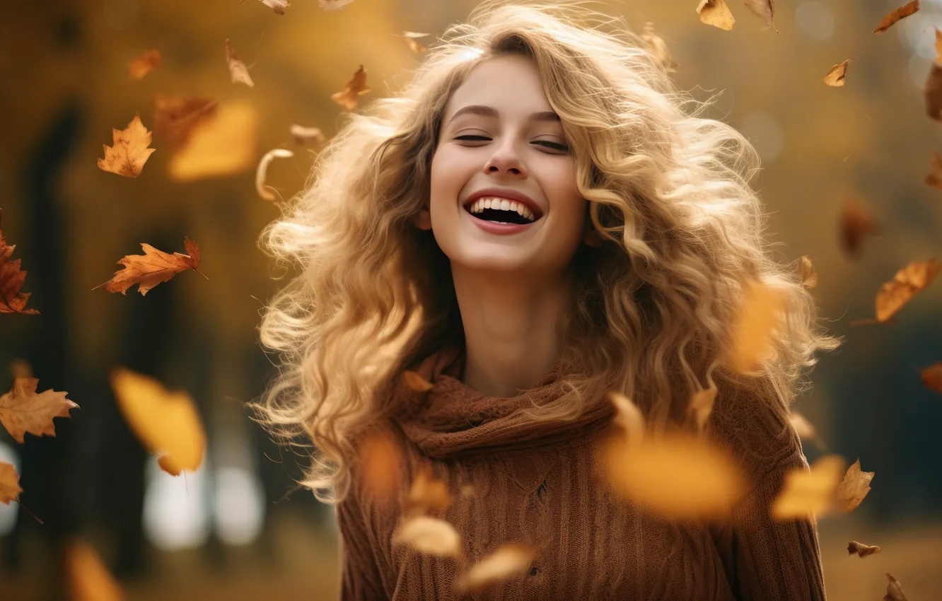 Photo wallpaper autumn, girl, nature, face, smile, Park, the wind, foliage