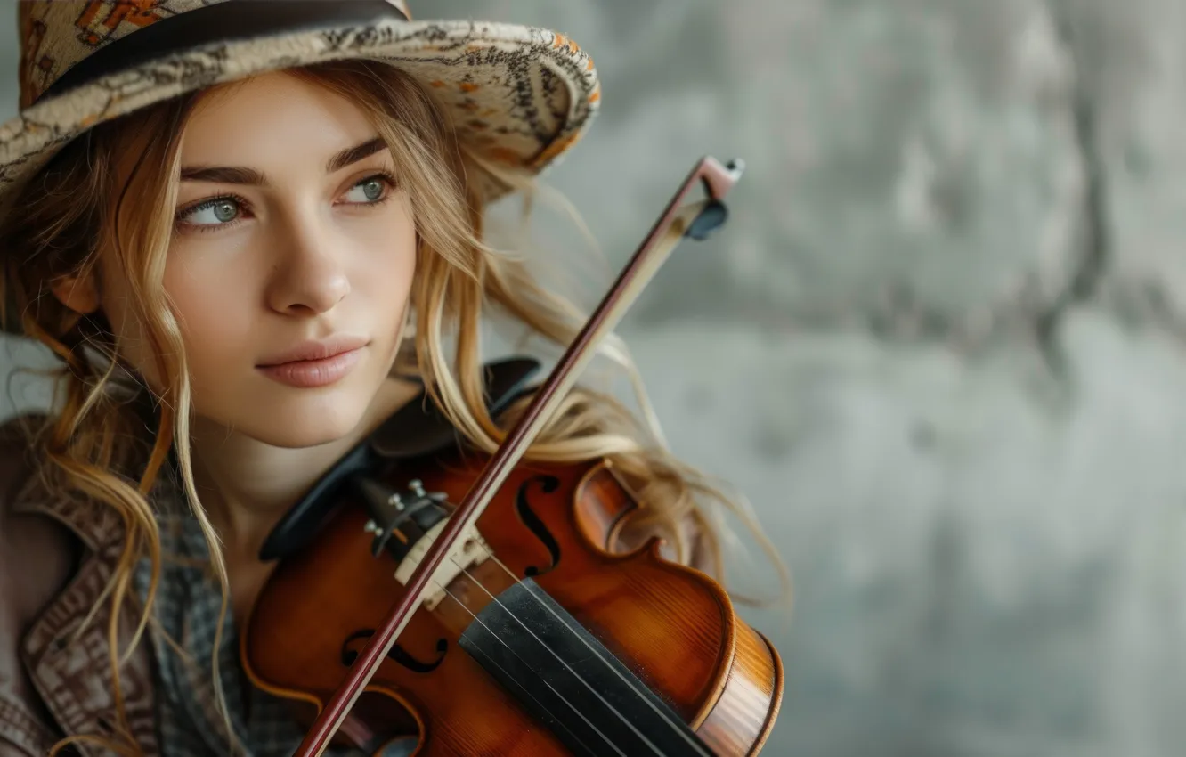 Photo wallpaper girl, music, violin, portrait, hat, musical instrument, violinist, AI art
