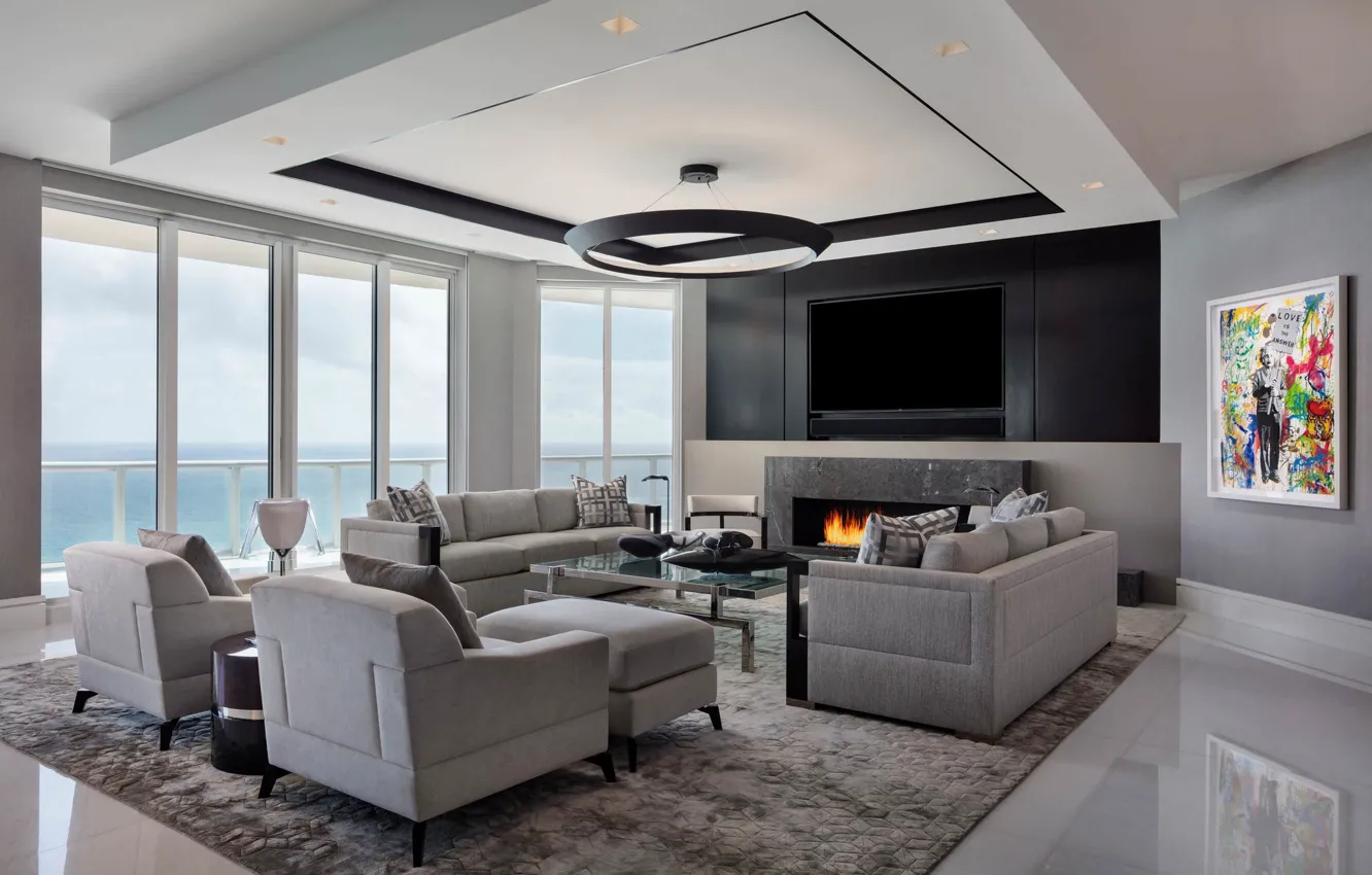 Photo wallpaper interior, fireplace, living room, Luxury Penthouse