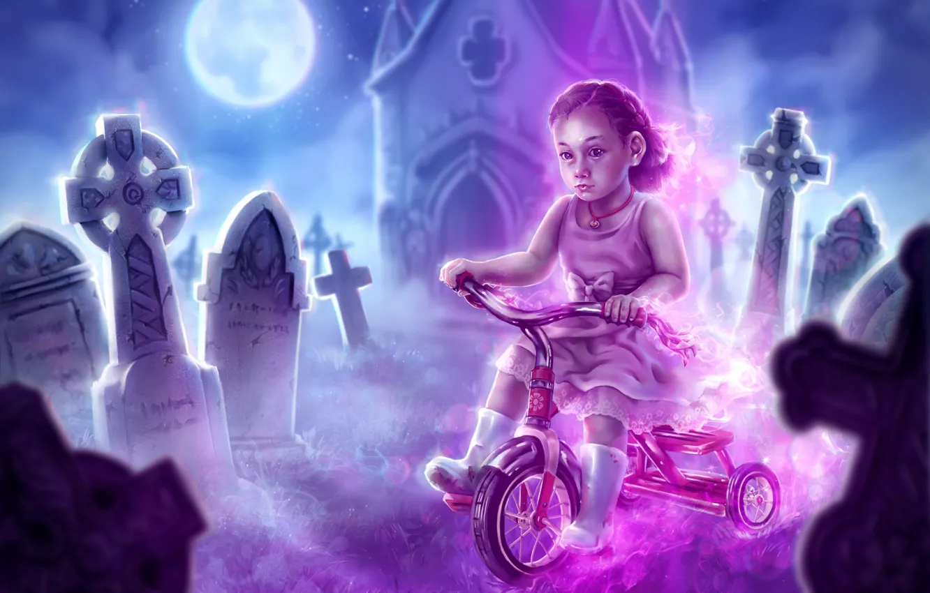 Photo wallpaper bike, Ghost, girl, cemetery, the crypt