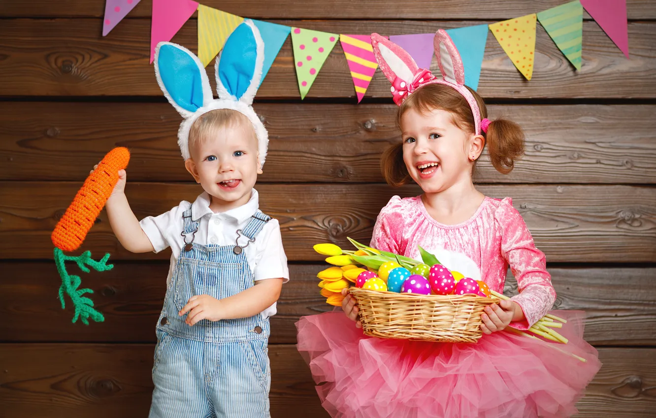 Photo wallpaper children, holiday, boy, girl, Bunny