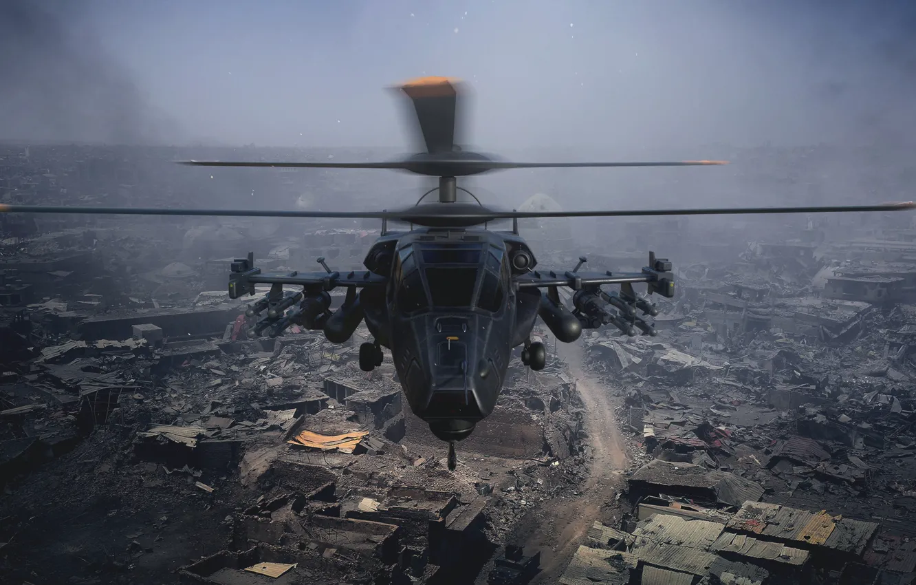 Photo wallpaper destruction, helicopter, Military helicopter