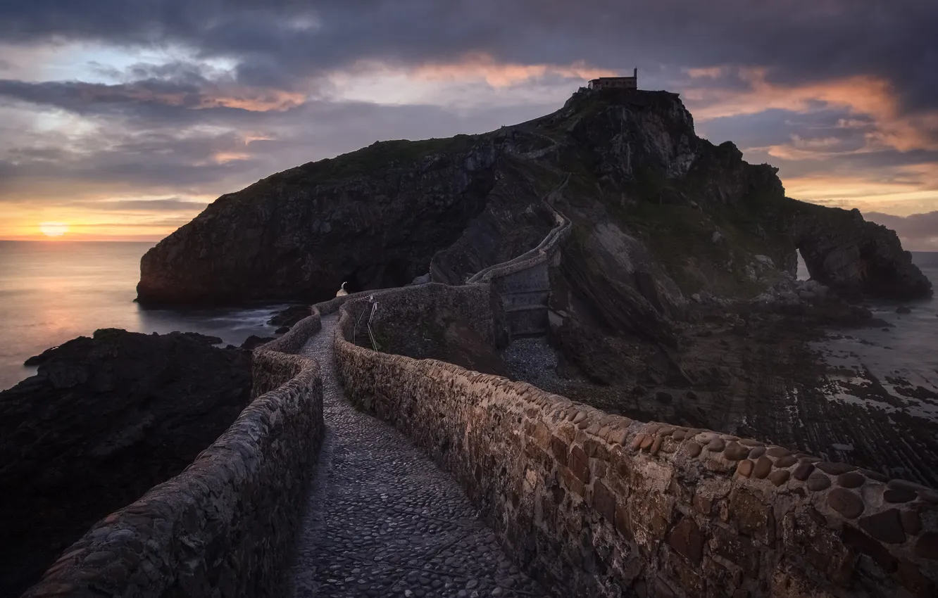 Photo wallpaper sunset, mountains, bridge, castle, rocks, shore, twilight, pond