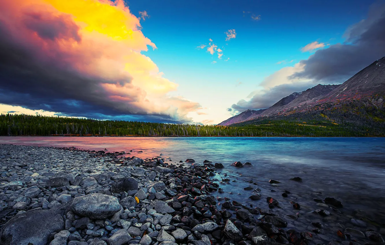 Photo wallpaper the sky, clouds, sunset, mountains, lake, stones