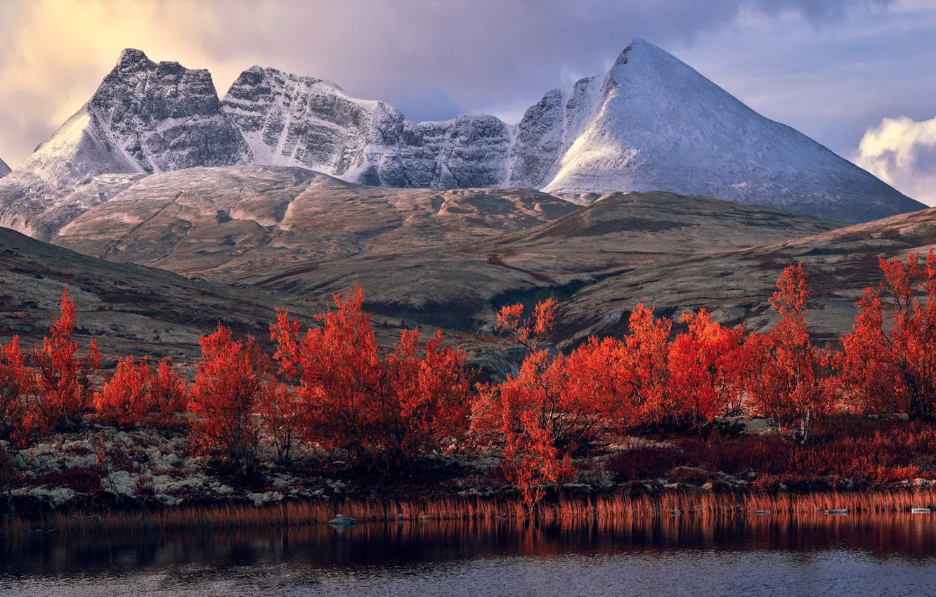 Photo wallpaper autumn, snow, trees, landscape, mountains, lake, river, rocks