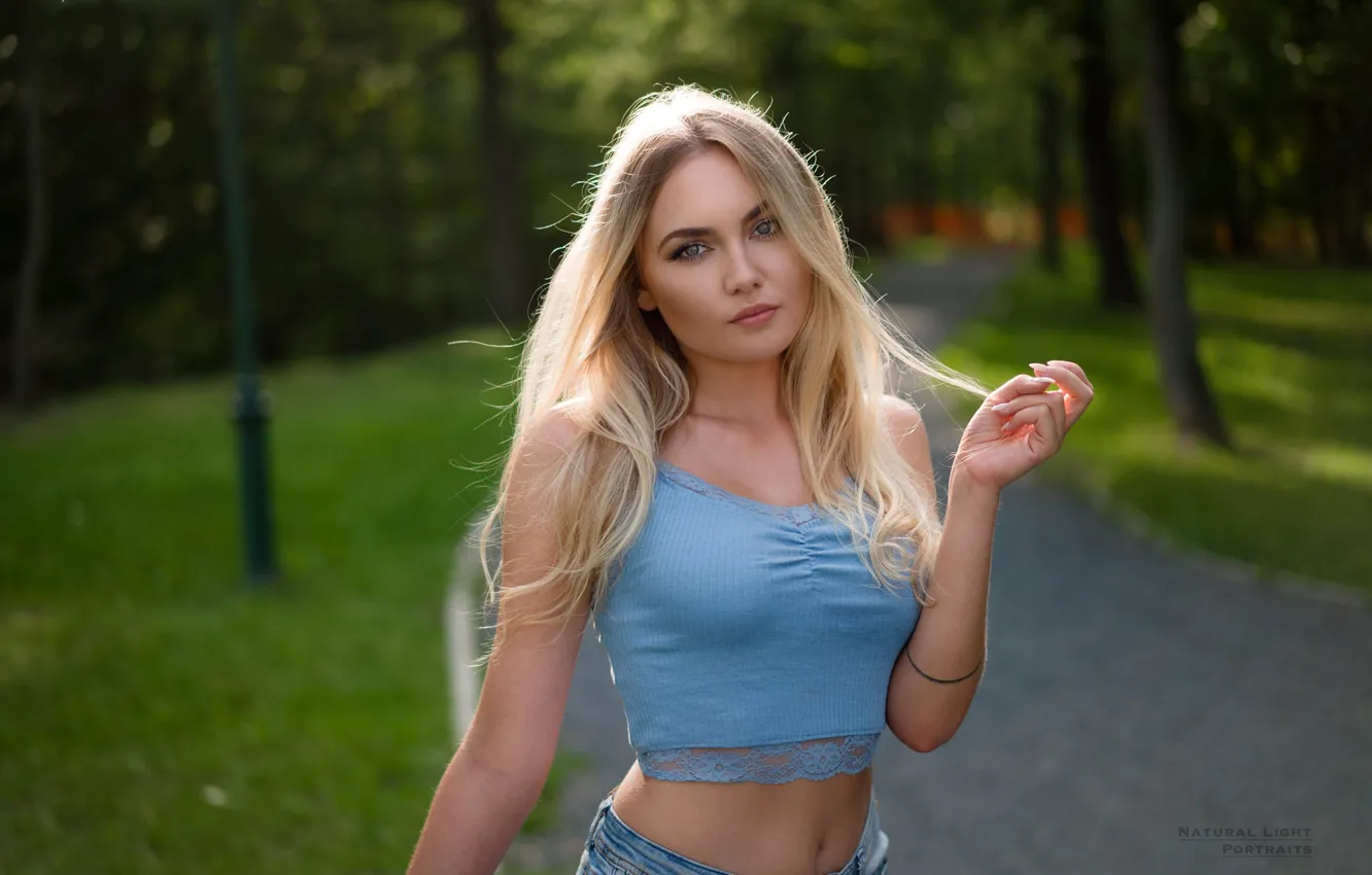 Photo wallpaper road, look, trees, sexy, pose, Park, lawn, model