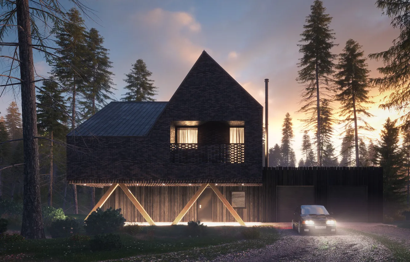 Photo wallpaper road, forest, car, structure, SCAN HOUSE