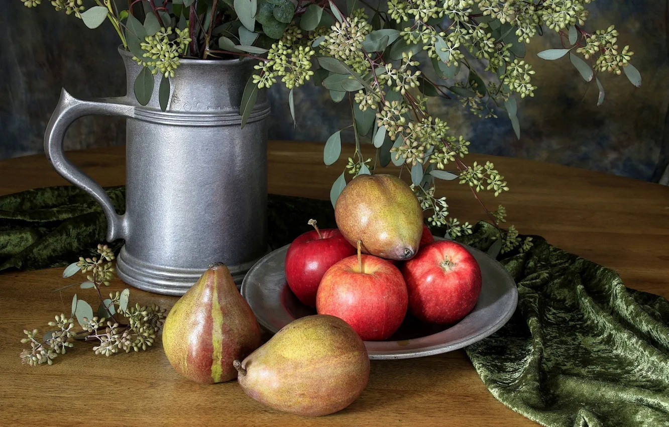 Photo wallpaper plate, flowers, fruit, Still life, silver vase