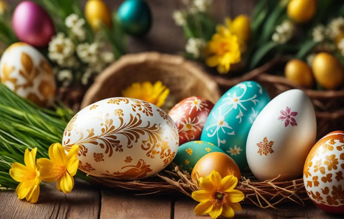 Photo wallpaper flowers, eggs, spring, colorful, Easter, flowers, spring, Easter