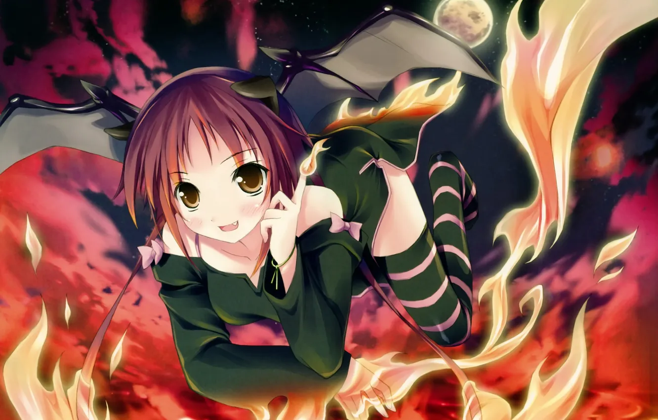 Photo wallpaper look, girl, clouds, flame, the moon, wings, stockings, anime