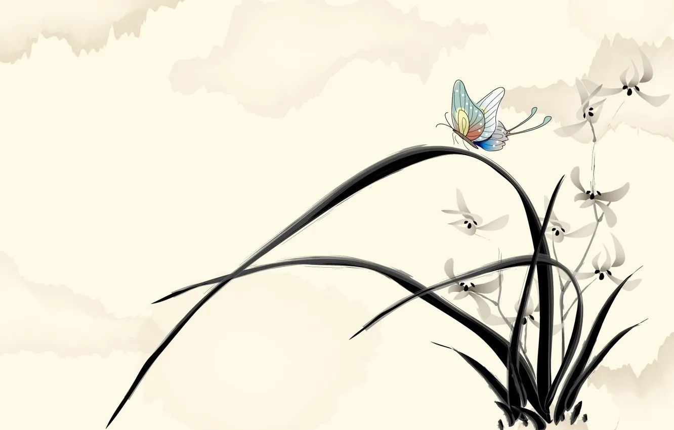 Photo wallpaper grass, leaves, flowers, the wind, butterfly, art, watercolor