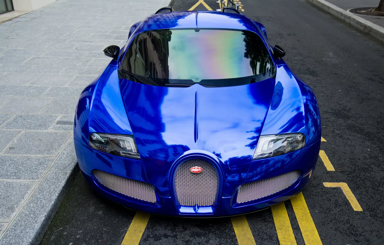 Photo wallpaper blue, Bugatti, Parking, Veyron, Bugatti, chrome, blue, the front