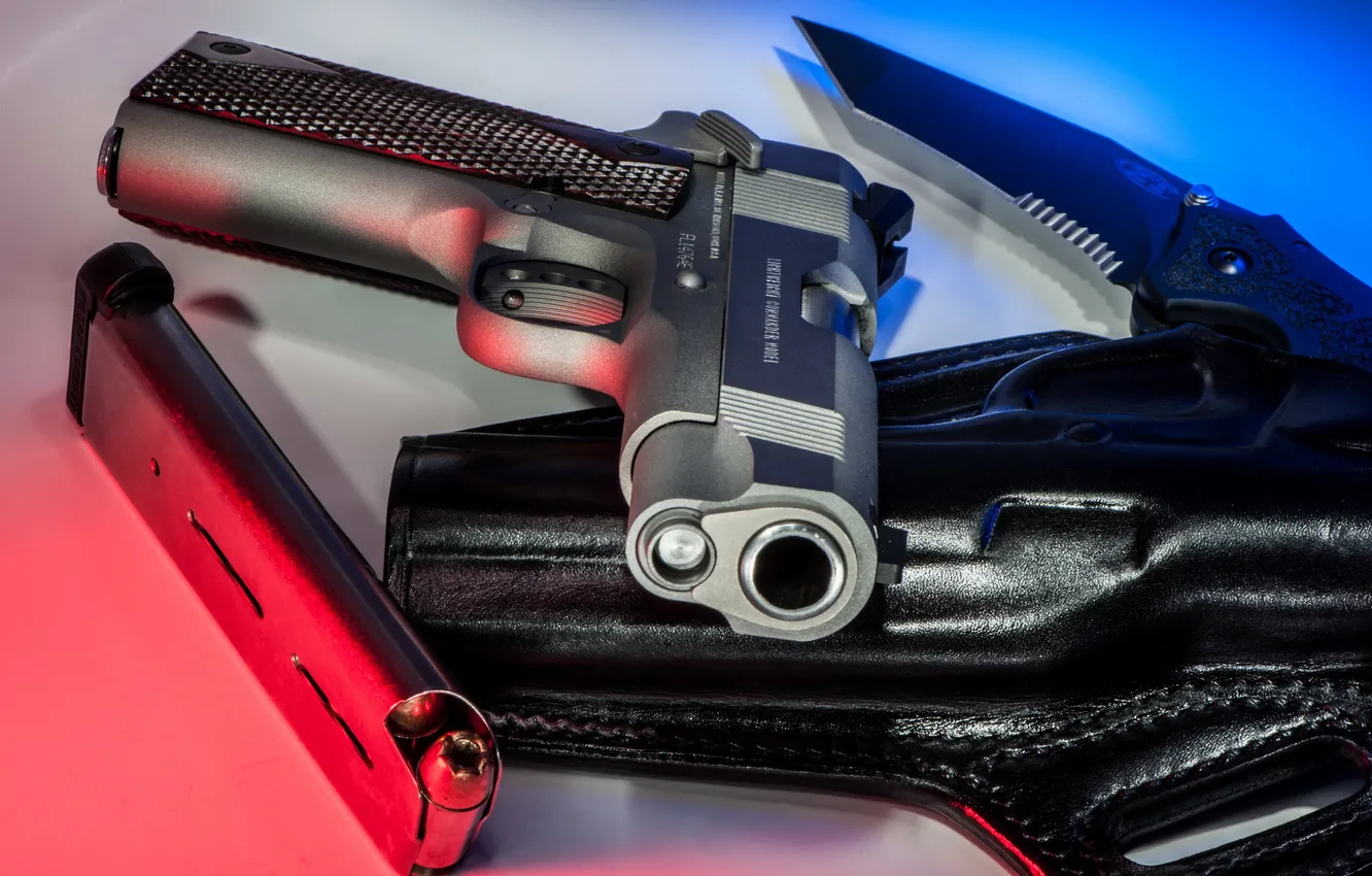 Photo wallpaper macro, gun, cartridges, holster