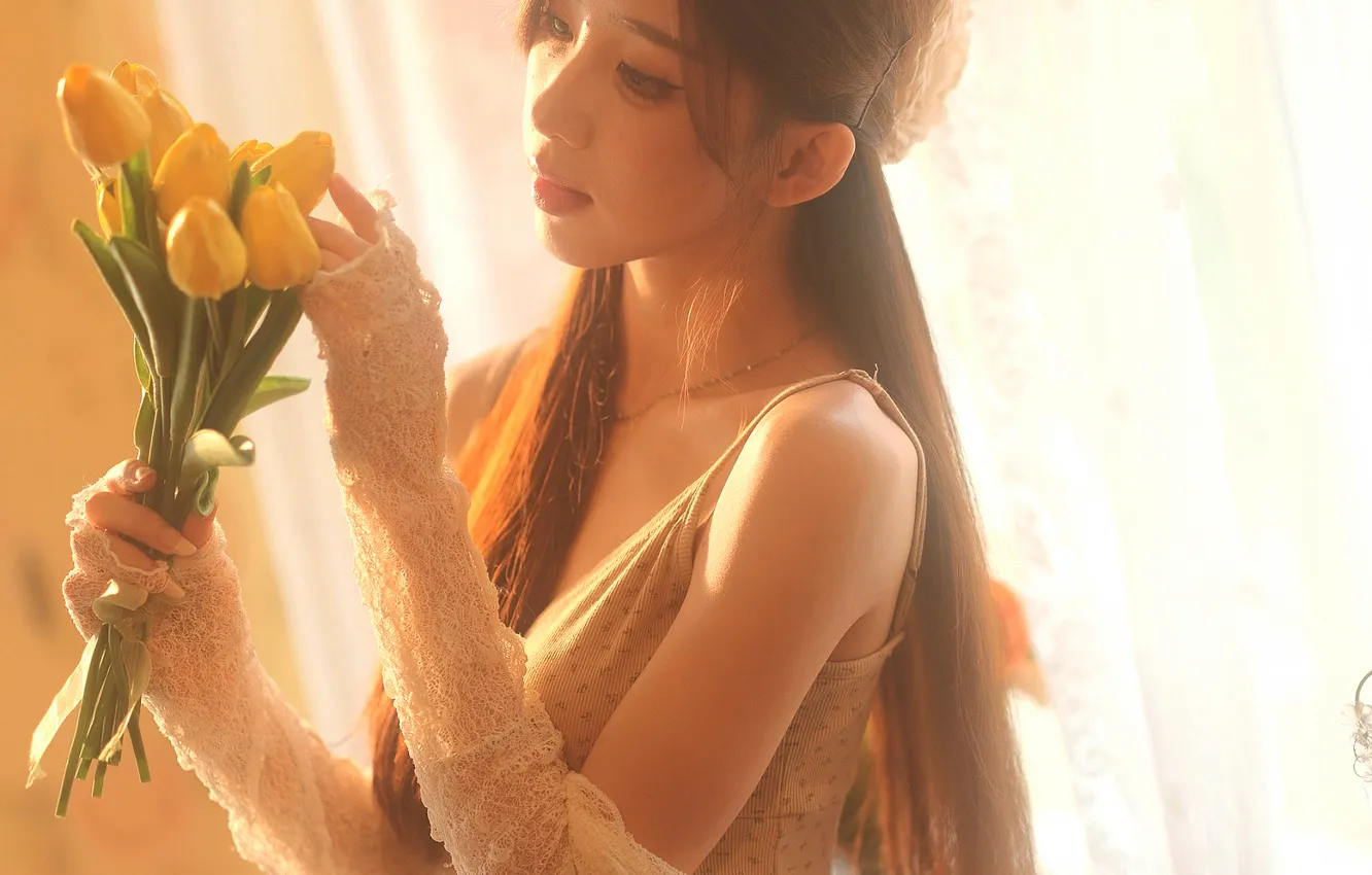 Photo wallpaper flower, woman, beautiful, model, pretty, window, asian, bouquet